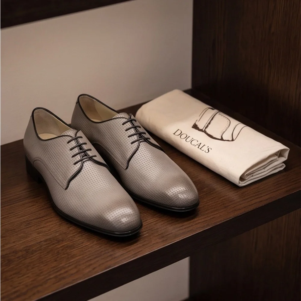 Doucal's Men’s Taupe Perforated Soft Leather Comfort Derby Shoes with Black Trim